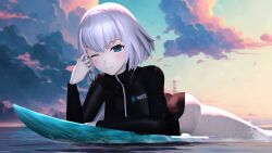 feet_out_of_frame flanc_(flancsteam) flancsteam leotard oc ocean original_character silver_(flancsteam) silver_hair sunset surfboard swimsuit wetsuit