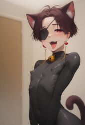 1boy 1femboy ai_generated animal_ear_fluff animal_ears animal_hands bell_collar big_ass big_ass_(male) big_butt big_butt_(male) black_bodysuit blush bodysuit brown_fur brown_hair cat_boy cat_ears cat_tail covered_navel covered_nipples cute cute_male earrings eyepatch fangs femboy femboy_focus femboy_only half-closed_eyes halloween happy_halloween hayato_suo indoors looking_at_viewer male male_focus male_only navel nipple_bulge nipples open_mouth red_earrings red_eyes room short_hair skin_tight smile smiling smiling_at_viewer solo solo_femboy solo_male suo_hayato tail tassel tassel_earrings teeth thick_ass tongue tongue_out trap twink wind_breaker