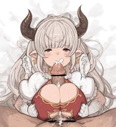 alicia_(granblue_fantasy) female granblue_fantasy hanarito highres horns paizuri penis red_eyes silver_hair solo_focus