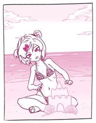 1girls beach bikini bikini_bottom bikini_top doki_doki_literature_club exspiravitbag female female_only human monochrome natsuki_(doki_doki_literature_club) navel pink_eyes pink_monochrome sand sand_castle sandcastle solo swimwear water