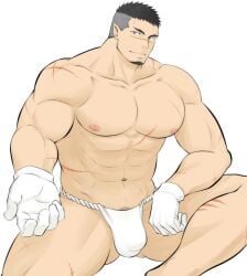 1boy abs bara beard beefy big_areola big_breasts black_hair bulge bulge_through_clothing collarbone cross_scar eight_pack erect_nipples fundoshi fundoshi_only gloves grey_eyes hand_on_thigh hi_res inviting looking_at_viewer male male_only mature_male muscles muscular muscular_arms muscular_legs muscular_male muscular_thighs open_hand pecs pink_nipples pointy_ears porkjinta pubic_hair rokushaku_fundoshi scar scar_on_arm scar_on_chest scar_on_face scar_on_leg scar_on_nose scar_on_shoulder scar_on_stomach scars_all_over shaved_head short_hair simple_background simple_shading sitting six_pack smile spread_legs thick_arms thick_neck thick_thighs tokyo_afterschool_summoners topless tough_guy underwear_only white_background white_fundoshi white_gloves wide_shoulders yoritomo_(tokyo_afterschool_summoners)