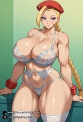 1girls ai_generated alternate_breast_size beret blonde_hair blue_eyes bra braid breasts cammy_white cleavage collarbone curvy green_background hat highleg highleg_panties huge_breasts large_breasts lingerie long_hair looking_at_viewer muscular muscular_female navel panties red_headwear scar scar_on_cheek scar_on_face see-through smile solo street_fighter thick_thighs thighhighs thighs twin_braids underwear underwear_only unjobdespiert white_bra white_panties white_thighhighs