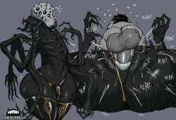 1boy 1futa alien alien_boy bottom_heavy eldritch_abomination eldritch_horror femboy futanari huge_ass huge_balls huge_cock huge_thighs hyper_balls hyper_penis intersex larger_femboy mating_press multi_arm multi_eye multi_limb nervous size_difference smaller_futanari tentacle_hair the_baptist_(zeblackballd) thigh_highs thong trypophobia ze_blackball.d zeblackballd_(artist)