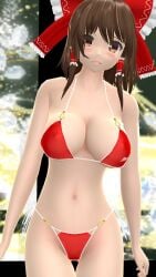 1girls 2023 3d adult_female belly_button bending_forward bikini blush breasts brown_eyes brown_hair_female clavicle cleavage hati_yukkuri_mmd hips human light-skinned_female looking_at_viewer mmd open_mouth red_bikini red_ribbon reimu_hakurei short_hair_female shy solo_female solo_focus swimsuit tied_hair touhou waist