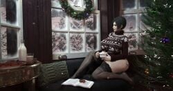 3d ada_wong asian asian_female christmas christmas_tree cookie earrings milk qos_clothing queen_of_spades resident_evil solo_female stickybuns stockings sweater thighhighs winter