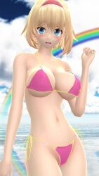 1girls 2023 3d adult_female alice_margatroid beach belly_button bikini blonde_hair_female blue_eyes blush breasts cleavage clouds hati_yukkuri_mmd headband human light-skinned_female looking_at_viewer mmd one_arm_up open_mouth outdoors pink_bikini rainbow short_hair_female sky solo_female solo_focus swimsuit touhou water