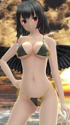 1girls 2023 3d beach belly_button bikini black_hair_female breasts cleavage clouds hand_on_hip hat hati_yukkuri_mmd light-skinned_female looking_at_viewer mmd outdoors red_eyes shameimaru_aya short_hair_female sky smiling_at_viewer solo_female solo_focus sunset swimsuit tengu tokin_hat touhou waist water youkai