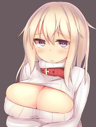 blonde_hair blush breast_hold breasts bursting_breasts cleavage cleavage_cutout collar female kubiwa_(kutan) kutan large_breasts long_hair looking_at_viewer open-chest_sweater original purple_eyes ribbed_sweater solo standing sweater upper_body