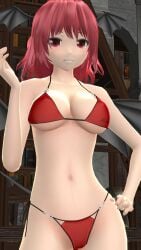 1girls 2023 3d belly_button bikini breasts clavicle cleavage demon demon_girl demon_wings hand_on_hip hati_yukkuri_mmd hips indoors interior_background koakuma library light-skinned_female looking_at_viewer mmd one_arm_up red_bikini red_eyes red_hair_female short_hair_female smiling_at_viewer solo_female solo_focus succubus swimsuit touhou waist wings wings_on_head