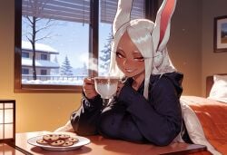 1girls ai_generated animal_ear_fluff animal_ears balecxi bangs bare_tree black_hoodie blanket blush boku_no_hero_academia breast_rest breasts breasts_on_table brown_lips bunny_girl clothing cookie cup curvaceous curvaceous_female curvaceous_figure curvy curvy_figure dark-skinned_female dark_skin eyelashes female female_focus fingernails food grin half-closed_eyes holding holding_cup hood hood_down hoodie indoors kotatsu lamp large_breasts lips long_eyelashes long_hair long_sleeves looking_at_viewer mirko mug my_hero_academia nail_polish naughty_face parted_bangs pillow plate rabbit_ears rabbit_girl red_eyes sleeves_past_wrists smile snow snowing solo steam table teacup teeth tree under_covers under_kotatsu under_the_table usagiyama_rumi voluptuous voluptuous_female white_hair window window_blinds winter