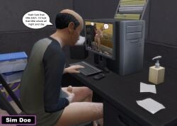 1boy 3d black_hair caption english english_text hairy_legs justin_rappy(sim_doe) masturbating masturbation monica_slutie(sim_doe) old_man original_characters pervert pervert_male sim_doe sims sims4 sims_4 speech_bubble the_sims the_sims_4 ugly ugly_bastard ugly_man wanking watching_porn