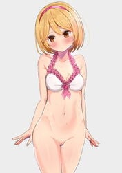 arms_at_sides bikini bikini_top blonde_hair blush bottomless breasts brown_eyes djeeta_(granblue_fantasy) embarrassed female female frilled_bikini frills granblue_fantasy grey_background hair_ornament hairband looking_away looking_to_the_side medium_breasts navel pussy s_sasaki_09140 short_hair simple_background solo standing swimsuit uncensored wet