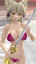 1girls 2023 3d beach bikini blonde_hair_female blush breasts clavicle cleavage hati_yukkuri_mmd headset hips holding_weapon light-skinned_female magenta_bikini mmd one_arm_up outdoors short_hair_female solo_female solo_focus sunset swimsuit sword touhou toyosatomimi_no_miko waist water weapon yellow_eyes