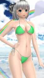 1girls 2023 3d armpit beach belly_button bikini black_ribbon blue_eyes breasts cleavage clouds ghost green_bikini hand_on_hip hati_yukkuri_mmd headband hips human light-skinned_female looking_at_viewer mmd open_mouth outdoors rainbow sky solo_female solo_focus swimsuit touhou waist water wisp youmu_konpaku