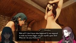 1futa 1girls 3d areolae big_breasts blender_(software) blue_eyes blue_hair breasts brown_hair byleth_(fire_emblem) byleth_(fire_emblem)_(female) dochaunt24 dorothea_arnault english_text female fire_emblem fire_emblem:_three_houses flaccid flaccid_penis futanari green_eyes light-skinned_female light-skinned_futanari light_skin nintendo nipples nude open_mouth text text_box