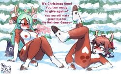 absurd_res ande_(hima_nsfw) anthro antlers areola balls blush both_sexes_in_same_situation breasts brown_body brown_fur brown_hair christmas deer dialogue duo evergreen_tree female fur genitals green_hair hair heart_eyes heart_symbol hi_res hima_nsfw himalaya_(hima_nsfw) holidays horn hypnosis long_hair lying male mammal mind_control new_world_deer nude on_back on_ground penis plant reindeer short_hair snow tree white_body white_fur winter