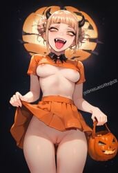 ai_generated blonde_hair breasts breasts_out crazy_eyes crop_top devil_horns flashing_pussy halloween halloween_theme himiko_toga jaajaai microskirt miniskirt my_hero_academia perky_breasts perky_nipples petite petite_female showing_pussy submissive tagme thin_waist tongue_out trick_or_treat underboob upskirt wet_pussy yellow_eyes