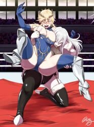 2girls absurdres armored_boots artoria_pendragon_(fate) artoria_pendragon_(lancer)_(fate) ass black_footwear black_leotard blonde_hair blue_gloves blue_leotard blue_thighhighs blush boots breasts catfight cleavage cleavage_cutout clothing_cutout covered_navel crown deep_skin elbow_gloves fate/grand_order fate_(series) fighting freia_kagami fur-trimmed_boots fur-trimmed_gloves fur_trim gloves gluteal_fold grabbing_another's_breast green_eyes grey_hair groping hair_between_eyes hanabusa_(xztr3448) heattech_leotard highleg highleg_leotard highres large_breasts leotard long_hair multiple_girls open_mouth sidelocks signature smile spread_legs sweat thick_thighs thigh_boots thighhighs thighs turtleneck wrestle_angels wrestling wrestling_ring