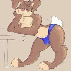 1:1 anthro brown_body brown_fur bulge ears_down fur glass hi_res lagomorph leporid male mammal mascot nesquik nesquik_bunny palister35 pivoted_ears rabbit solo tan_body tan_fur