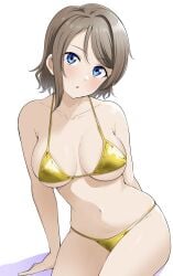 bikini blue_eyes breasts brown_hair female golden_bikini looking_at_viewer love_live! love_live!_sunshine!! sitting solo thighs watanabe_you