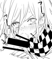 2boys angry blowjob blush censor_bar censored cum cum_in_mouth cum_inside danganronpa danganronpa_v3 erection fellatio femboy gay girly holding_penis leftover36 line_art male male/male male_focus male_only oral ouma_kokichi penis precum saliva scarf solo_focus straight_hair tears translation_request yaoi