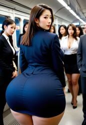 ai_generated ass breasts brown_eyes brown_hair business_suit cleavage curvy earrings formal from_behind hair jewelry juiceshopai large_breasts lips long looking_at_viewer looking_back miniskirt multiple_girls office_lady pantylines parted_lips pencil_skirt skirt skirt_suit solo_focus suit train_interior