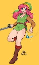 a_link_to_the_past alesz01 blue_eyes boots fairy link link_(a_link_to_the_past) long_hair looking_at_viewer minimal_clothing minimalist_background no_pants pink_hair pointy_ears revealing_clothes rule_63 the_legend_of_zelda weird_hands yellow_background