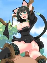 1boy animal_ears arms_up big_breasts black_dress black_hair black_panties black_thighhighs blurry blurry_background blush breasts cat_ears cat_girl cat_tail clothed_sex dress female green_eyes isekai_shikkaku large_breasts looking_at_viewer looking_back medium_hair mr50iso nipples open_mouth outdoors panties penis restrained sex solo_focus tail tama_(isekai_shikkaku) thighhighs underwear vaginal_penetration