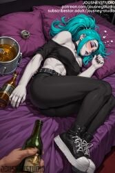 1boy ai_generated alcohol aqua_hair ass bare_shoulders bed beer_can belt big_breasts black_choker black_footwear black_lips black_nails black_pants black_shirt blue_hair blush bottle breasts bubble bucket can choker clothing colored_skin crop_top cup cute cyberpunk:_edgerunners cyberpunk_(series) cyberpunk_2077 danny_phantom drink drunk ear_piercing earrings ember_mclain english_language english_text eyeshadow female footwear full_body gothic green_hair head_on_pillow holding holding_bottle indoors jewelry jousneystudio large_breasts lipstick long_hair looking_at_viewer lying makeup midriff nail_polish navel nickelodeon nicktoons nose_piercing off-shoulder_shirt off_shoulder on_back on_bed on_side open_mouth pale_skin pants patreon_username piercing pillow ponytail pov pov_hands purple_lips purple_skin rebecca_(cyberpunk_edgerunners) shirt shoes sleeping sneakers solo solo_focus tattoo text tied_hair underwear watermark web_address