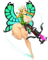 alternate_breast_size blonde_hair blush braid breasts butterfly_wings fairy female flower gurimjang hair_flower hair_ornament hairband large_breasts long_hair looking_at_viewer mercedes_(odin_sphere) odin_sphere pointy_ears puff_and_slash_sleeves puffy_sleeves red_eyes simple_background solo twin_braids wings