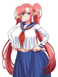 angry_face animal_ears blue_eyes blue_skirt breasts breasts_bigger_than_head centaur centaur_bitch centaur_girl dairy_breed dairy_breed_centaur felimil_airagu long_hair mole_under_eye monster monster_musume monster_musume_no_iru_nichijou okayado pink_hair ponytails school_uniform schoolgirl