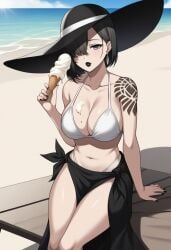 ai_generated akeha beach bikini bikini_top black_hair black_hat black_lipstick black_skirt bra breasts female female_only hair_over_one_eye hat ice_cream ice_cream_on_breasts large_breasts lipstick mature_female nier_(series) nier_reincarnation pale-skinned_female shoulder_tattoo sitting tattoo tied_hair