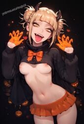 1girls ai_generated blonde_hair bowtie breasts breasts_out cloak crazy_eyes devil_horns halloween halloween_costume himiko_toga jaajaai microskirt miniskirt my_hero_academia perky_breasts perky_nipples petite petite_female skirt solo submissive tagme thin_waist tongue_out underboob yellow_eyes