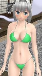 1girls 2023 3d adult_female belly_button bikini black_ribbon blue_eyes blush breasts clavicle cleavage green_bikini grey_hair_female hati_yukkuri_mmd headband hips human indoors light-skinned_female looking_at_viewer mmd open_mouth rocks short_hair_female solo_female solo_focus spirit swimsuit touhou waist wisp wooden_floor youmu_konpaku