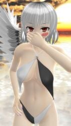 1girls 2023 3d beach belly_button black_and_white_swimsuit blush breasts brown_eyes cleavage clouds hand_covering_mouth hati_yukkuri_mmd light-skinned_female looking_at_viewer mmd one_arm_up one_wing outdoors sagume_kishin short_hair_female sky solo_female solo_focus spirit sun sunset swimsuit touhou water white_hair_female