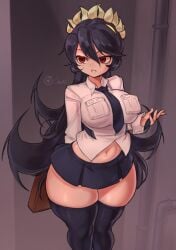 1girls bag black_hair breasts female filia_(skullgirls) handbag industrial_pipe large_breasts long_hair navel necktie open_mouth ourobot pleated_skirt purple_hair red_eyes samson_(skullgirls) school_uniform skirt skullgirls solo thick_thighs thighhighs thighs wide_hips