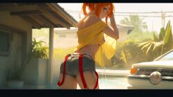 ai_assisted car_wash kasumi_(pokemon) nipple_slip nsfw short_jeans suspenders thong transparent_clothing wet wet_clothes