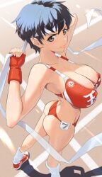 1girls ass athletic athletic_female big_breasts blush breasts brown_eyes cacn capcom cleavage dark_hair fingerless_gloves gloves hachimaki headband hi_res looking_at_viewer nipple_bulge nipple_slip sakura_kasugano shoes solo standing street_fighter sweat track_and_field track_uniform