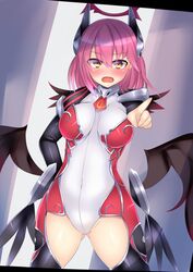 blush bodysuit breasts covered_navel emil_chronicle_online female halo headgear kutan looking_at_viewer mitama_celes open_mouth pink_hair short_hair solo standing wings yellow_eyes