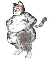 2024 anthro ass balls big_balls big_butt digital_media_(artwork) domestic_cat eyewear felid feline felis fur genitals glasses grey_body grey_ears grey_fur grey_nipples grey_tail hand_on_belly hands_on_own_belly huge_balls huge_butt looking_at_belly looking_at_own_belly looking_at_self looking_down male mammal multicolored_body multicolored_fur nipples obese obese_anthro obese_male overweight overweight_anthro overweight_male penis pink_nose pokonuki red_eyewear red_glasses simple_background solo standing tail thick_thighs three-quarter_view two_tone_tail white_background white_body white_fur worried