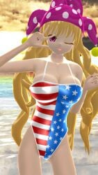 1girls 2023 3d adult_female american_flag_swimsuit arms_up beach belly_button blonde_hair_female breasts clavicle cleavage clouds clownpiece fairy hat hati_yukkuri_mmd hips jester_hat lampad light-skinned_female long_hair_female looking_at_viewer mmd one_eye_closed outdoors peace_sign pink_eyes sky solo_female solo_focus stars_and_stripes sunset swimsuit tongue_out touhou waist water