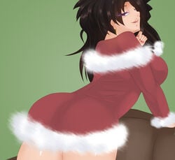 1girls 2016 artist_request ass bent_over big_breasts breasts brown_hair christmas christmas_outfit clothed clothing couch covered_breasts dragon_ball dragon_ball_xenoverse dragon_ball_z earrings eyebrows_visible_through_hair fan_character female female_focus female_only female_saiyan green_background grin large_breasts legs light-skinned_female light_skin long_hair looking_back nail_polish oc open_mouth original_character plain_background pointing pointing_at_viewer purple_eyes red_nail_polish red_nails saiyan seductive seductive_smile simple_background smile smirk sofa solo solo_female source_request thighs xenoverse_protagonist