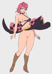 boots bottomless breasts choker front_view full_body jojo's_bizarre_adventure legs long_skirt nipple no_panties panties_removed pink_hair pussy riko_(artist) skimpy skirt skirt_lift skirt_up small_breasts standing thick_thighs thighs trish_una upskirt vento_aureo wind_lift windy_skirt