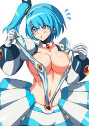 1girls :o big_breasts blue_eyes blue_hair blush hands_up kotatuman_dash mega_man mega_man_x mega_man_x_dive rico_(mega_man) robot_girl skirt white_background white_gloves