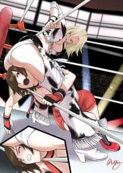 2girls ass ass_attack catfight dixie_clemets hanabusa_(xztr3448) highres hinomoto_reiko hip_attack multiple_girls reiko_hinomoto rumble_roses tagme wrestling