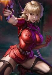 1girls 2024 blonde_hair dandon_fuga deviantart deviantart_link female female_only gun hair_over_eyes hellsing holding holding_object holding_weapon legwear light-skinned_female pistol red_clothing red_eyes seras_victoria short_hair solo stockings thighhighs weapon