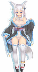 animal_ears blue_eyes female fox_ears fox_tail japanese_clothes kimono kutan leotard mizu_aoi mizuki_(kutan) okobo original ribbon-trimmed_legwear ribbon_trim solo standing tail thighhighs white_hair