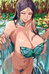 absurdres alecto_0 areola_slip black_hair blue_butterfly blue_nails blush breasts bug butterfly butterfly_hair_ornament cleavage closed_eyes facial_mark fate/grand_order fate_(series) female female_pubic_hair forest hair_ornament highres huge_breasts jewelry lips long_hair maebari makeup minamoto_no_raikou_(fate) nail_polish nature navel_piercing necklace piercing pubic_hair smile veil wet