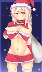 blonde_hair blush breasts christmas cleavage collar female gloves hair hat headgear humanoid kubiwa_(kutan) kutan navel original santa_costume santa_hat solo yellow_eyes