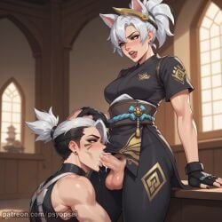 1boy 1futa ai_generated artist_name artist_psyopsai big_penis blowjob clothed colored digital_media_(artwork) fellatio front_view futa_on_male futadom futanari headgrab kiriko_(overwatch) oral oral_penetration oral_sex overwatch side_view uncensored watermark